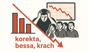 Ludzie z przerażeniem patrzą na wykresy i słupki spadające w dół. To obrazuje, co to bessa i jak wpływa na nastroje.