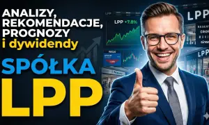 Analizy, prognozy i dywidendy spółki LPP. Uśmiechnięty mężczyzna pokazuje kciuk w górę na tle wykresów giełdowych i sklepów.