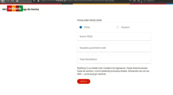 Aktywacja dostępu do mBanku: podaj dane, numer PESEL, nazwisko panieńskie matki i identyfikator. Otrzymasz hasła mailem i SMS-em.