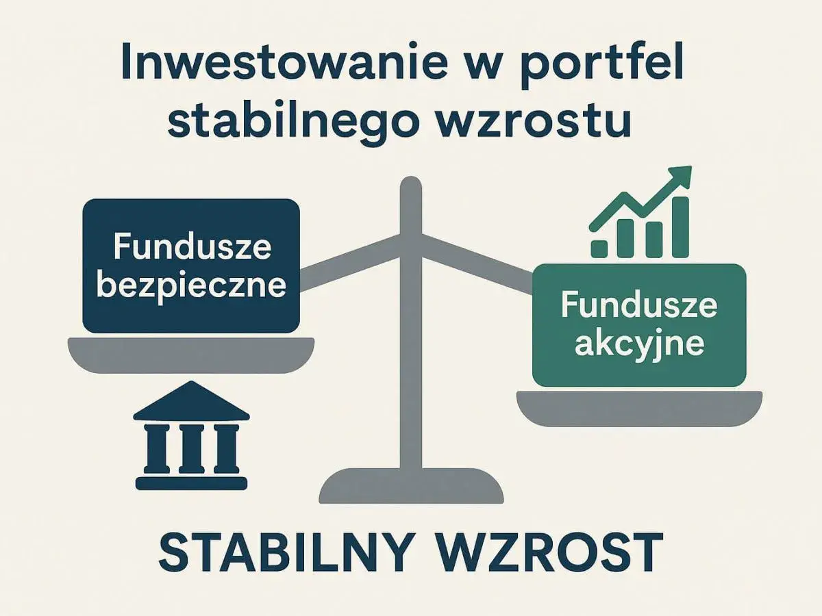 Waga symbolizująca inwestowanie w portfel stabilnego wzrostu. Po jednej stronie "Fundusze bezpieczne" z symbolem banku, po drugiej "Fundusze akcyjne" z wykresem wzrostu.