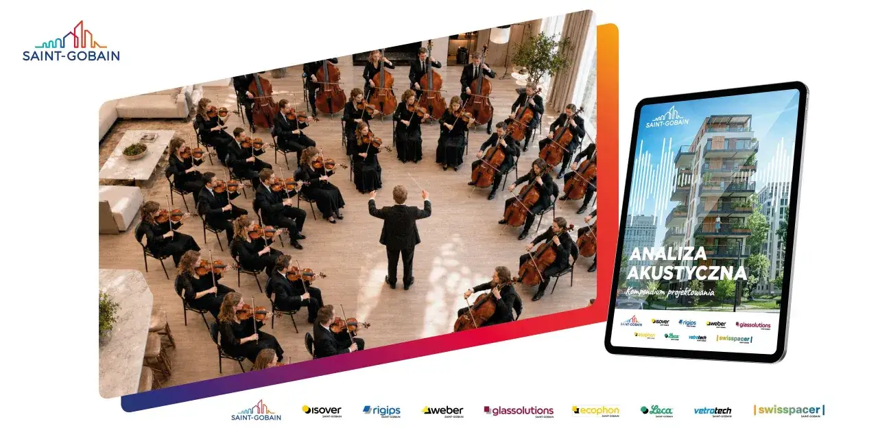 Orkiestra symfoniczna grająca w nowoczesnym wnętrzu, a obok tablet z analizą akustyczną budynk&oacute;w Saint-Gobain.