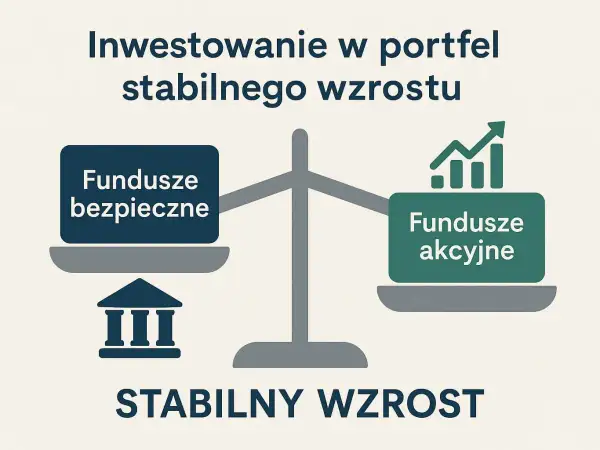 Waga symbolizująca inwestowanie w portfel stabilnego wzrostu. Po jednej stronie "Fundusze bezpieczne" z symbolem banku, po drugiej "Fundusze akcyjne" z wykresem wzrostu.